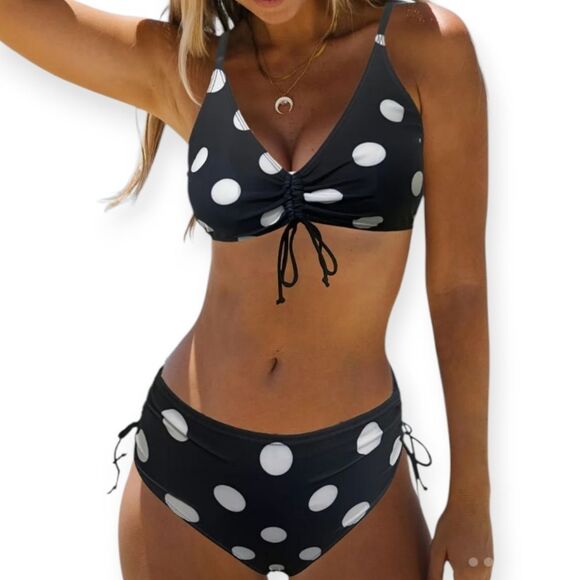 Black & White Polka Dot Drawstring Bikini – Retro Chic Two-Piece Swimwear - Picture 12 of 12